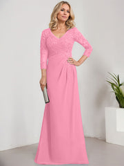 Sheath/Column V-Neck Illusion Floor-Length Lace Chiffon Mother of the Bride Dress With Pleated Sequins