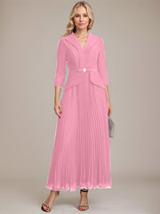 A-line Collared V-Neck Ankle-Length Chiffon Mother of the Bride Dress With Beading Pleated