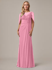 A-Line Floor-Length Boat-Neck Lace Capelet Chiffon Mother of the Bride Dress
