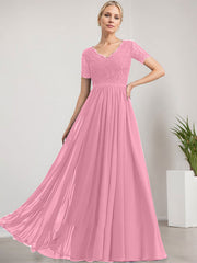 A-line V-Neck Floor-Length Lace Chiffon Mother of the Bride Dress