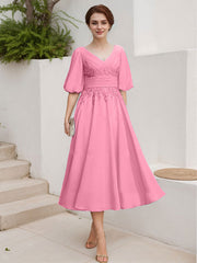 A-Line V-Neck 1/2 Sleeves Chiffon Mother Of The Bride Dresses With Lace