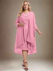 Sheath/Column Scoop Illusion Knee-Length Lace Chiffon Mother of the Bride Dress With Cascading Ruffles Sequins