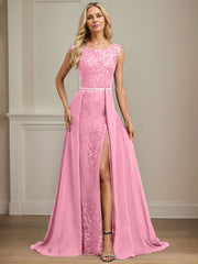 Sheath/Column Scoop Illusion Floor-Length Detachable Chiffon Lace Mother of the Bride Dress With Sequins Beading