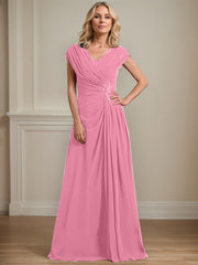 A-line V-Neck Floor-Length Chiffon Mother of the Bride Dress With Pleated Sequins Beading