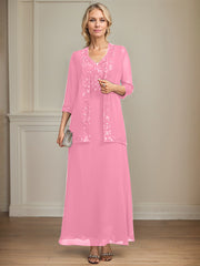 A-line V-Neck Ankle-Length Lace Sequin Chiffon Mother of the Bride Dress