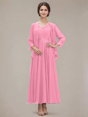 A-line V-Neck Ankle-Length Chiffon Mother of the Bride Dress With Sequins Appliques Lace Beading