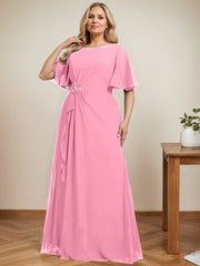 A-line Scoop Floor-Length Chiffon Mother of the Bride Dress With Cascading Ruffles Beading Sequins