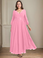A-line V-Neck Ankle-Length Lace Chiffon Mother of the Bride Dress With Sequins