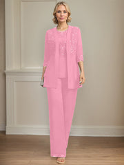 Jumpsuit/Pantsuit Separates Scoop Floor-Length Chiffon Lace Mother of the Bride Dress With Sequins