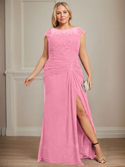 Sheath/Column Scoop Illusion Floor-Length Chiffon Lace Mother of the Bride Dress With Pleated Sequins Beading