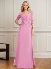 A-line V-Neck Floor-Length Lace Chiffon Mother of the Bride Dress With Pleated Sequins