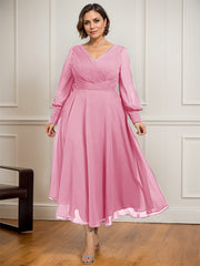 A-line V-Neck Tea-Length Chiffon Mother of the Bride Dress With Pleated