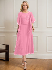 A-line Scoop Tea-Length Lace Chiffon Mother of the Bride Dress With Sequins