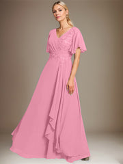 A-line V-Neck Floor-Length Lace Chiffon Mother of the Bride Dress With Cascading Ruffles Sequins