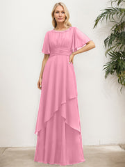 A-line Scoop Floor-Length Chiffon Mother of the Bride Dress With Pleated Sequins Beading