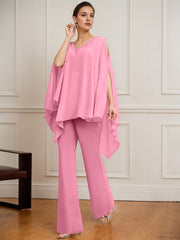 Separates Jumpsuit/Pantsuit V-Neck Floor-Length Chiffon Mother of the Bride Dress With Beading