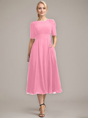 A-line Scoop Tea-Length Chiffon Mother of the Bride Dress With Appliques Lace Sequins
