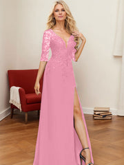A-Line V-Neck 1/2 Sleeves Floor-Length Chiffon Mother Of The Bride Dresses With Lace