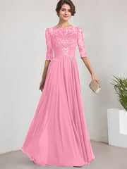 A-line Scoop Illusion Floor-Length Lace Chiffon Mother of the Bride Dress With Pleated Sequins