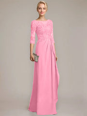 A-line Scoop Illusion Floor-Length Chiffon Lace Mother of the Bride Dress With Beading Sequins Cascading Ruffles