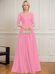 A-line Scoop Floor-Length Lace Chiffon Mother of the Bride Dress With Crystal Brooch Sequins