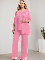Separates Pantsuit Scoop Floor-Length Lace Chiffon Mother of the Bride Dress With Sequins