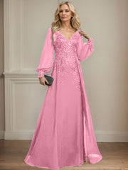 A-Line V-Neck Long Sleeves Floor-Length Chiffon Mother Of The Bride Dresses With Lace
