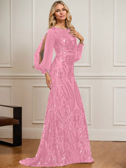 Trumpet/Mermaid Boat Neck Illusion Sweep Train Chiffon Sequin Evening Dress