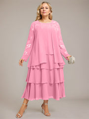 A-line Scoop Tea-Length Chiffon Mother of the Bride Dress With Cascading Ruffles