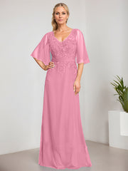 A-line V-Neck Floor-Length Lace Chiffon Mother of the Bride Dress With Sequins Beading