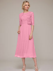 A-line/Princess Scoop Tea-Length Chiffon Mother of the Bride Dress With Lace Jacket