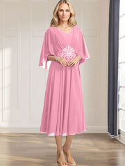 A-line V-Neck Tea-Length Chiffon Mother of the Bride Dress With Pleated Sequins Appliques Lace Beadind