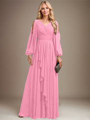 A-line Cold Shoulder V-Neck Floor-Length Chiffon Mother of the Bride Dress With Cascading Ruffles Beading