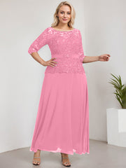 A-line Scoop Illusion Ankle-Length Chiffon Lace Mother of the Bride Dress With Rhinestone Beading