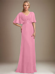 A-line V-Neck Floor-Length Chiffon Mother of the Bride Dress With Sequins Appliques Lace Pleated
