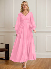 A-line V-Neck Ankle-Length Chiffon Mother of the Bride Dress With Cascading Ruffles Beading Sequins