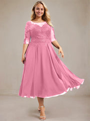 A-line Scoop Illusion Tea-Length Lace Chiffon Mother of the Bride Dress With Sequins