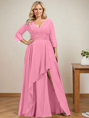 A-line V-Neck Floor-Length Chiffon Mother of the Bride Dress With Cascading Ruffles