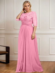 A-line Scoop Illusion Floor-Length Chiffon Lace Mother of the Bride Dress With Pleated Sequins Beading