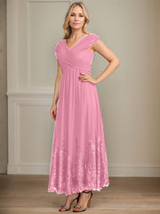 A-line V-Neck Ankle-Length Chiffon Mother of the Bride Dress With Bow Sequins Appliques Lace
