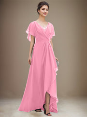 A-line V-Neck Asymmetrical Chiffon Mother of the Bride Dress With Sequins Beading Cascading Ruffles
