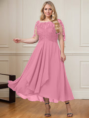 A-line Boat Neck Illusion Asymmetrical Lace Chiffon Mother of the Bride Dress With Cascading Ruffles Sequins