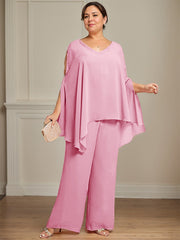 Separates Jumpsuit/Pantsuit V-Neck Floor-Length Chiffon Mother of the Bride Dress With Beading
