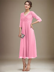 A-line V-Neck Tea-Length Chiffon Lace Mother of the Bride Dress With Beading