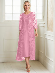 A-line Scoop Tea-Length Lace Chiffon Mother of the Bride Dress