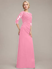 A-line Scoop Floor-Length Chiffon Lace Mother of the Bride Dress With Sequins Beading Pleated