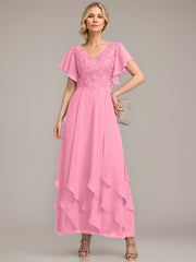 A-line V-Neck Ankle-Length Lace Chiffon Mother of the Bride Dress With Cascading Ruffles