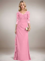A-line V-Neck Floor-Length Lace Chiffon Mother of the Bride Dress With Cascading Ruffles