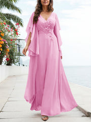 A-Line V-Neck Floor-Length Chiffon Mother Of The Bride Dresses With Appliques Lace