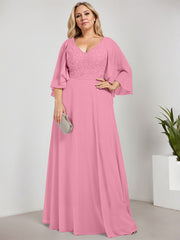 A-line V-Neck Floor-Length Chiffon Lace Mother of the Bride Dress With Sequins Beading